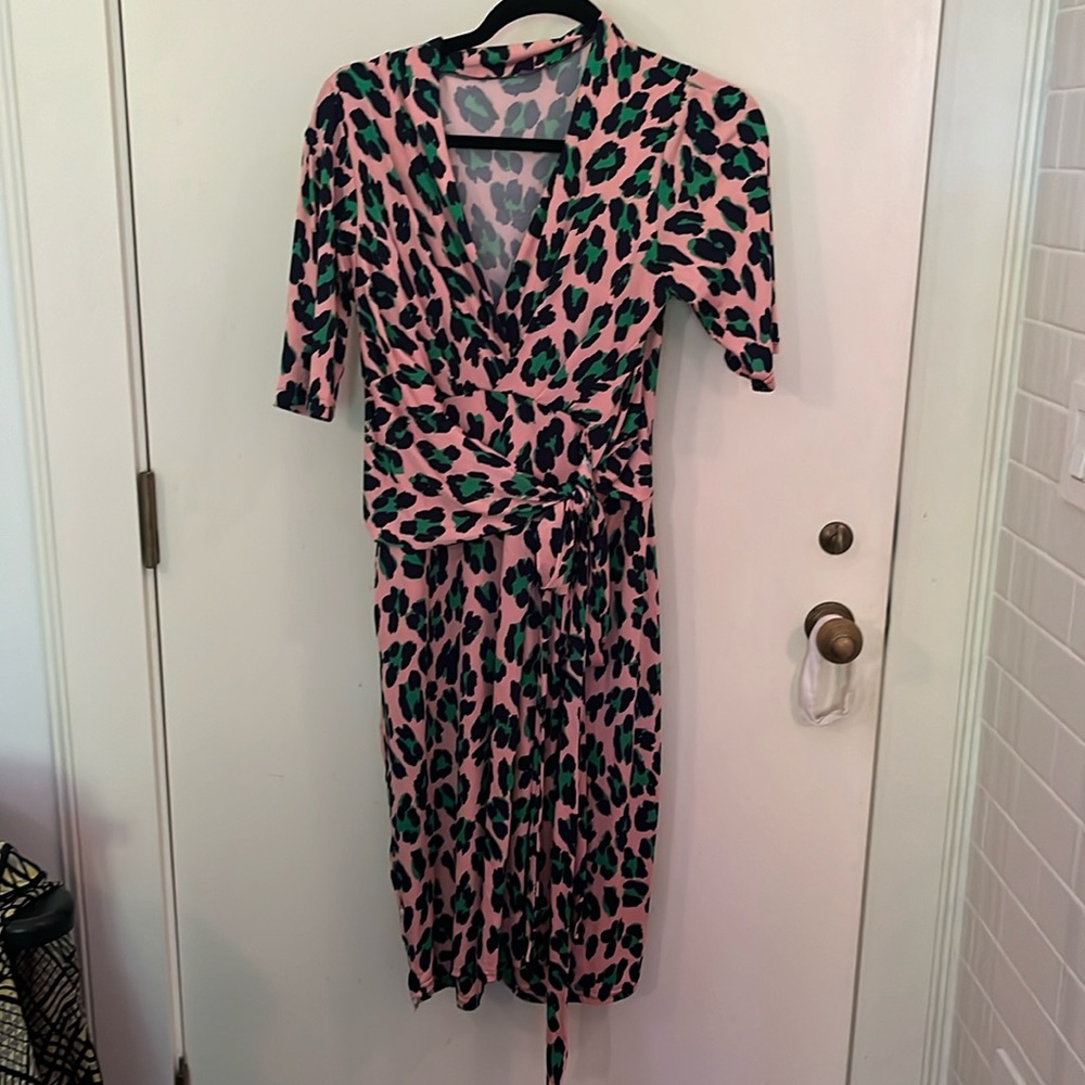 Pink and green leopard wrap style dress